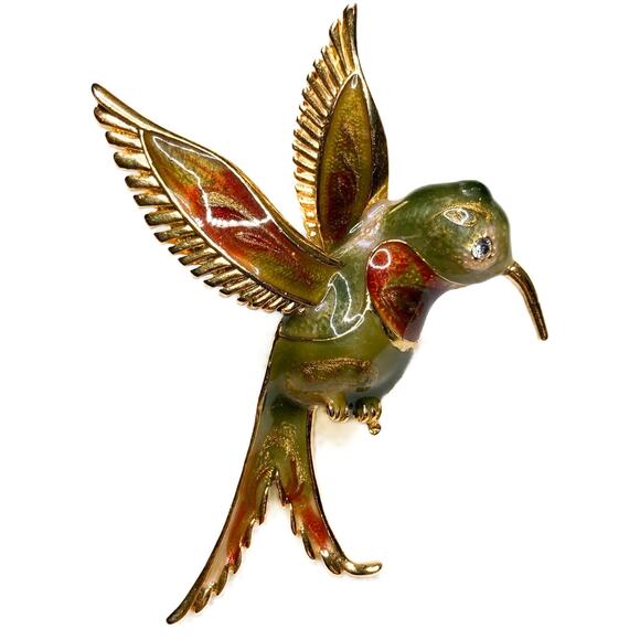 Painted Gold Toned Enamel Hummingbird with Rhinestone Eye and Lined Brocade Bag - Picture 1 of 15